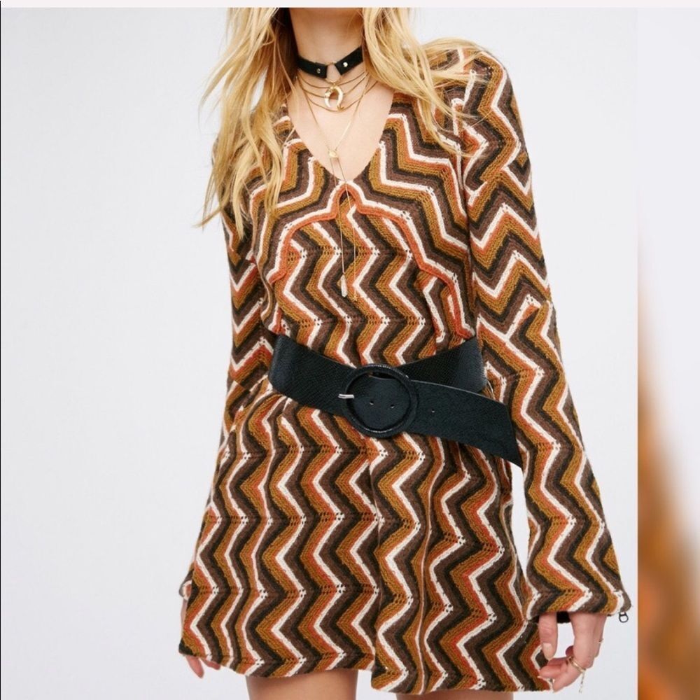 Free People Rhiannon Wool Blend Chevron Sweater Dress XS Bell Sleeve Zipper Boho